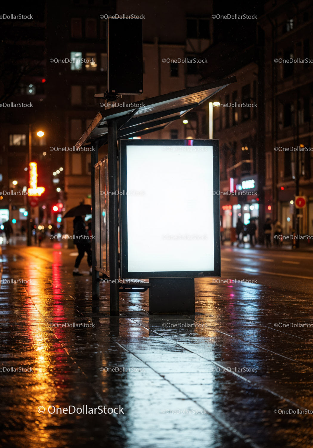 Nighttime Urban Bus Stop with Bright Digital Billboard on Rainy Street