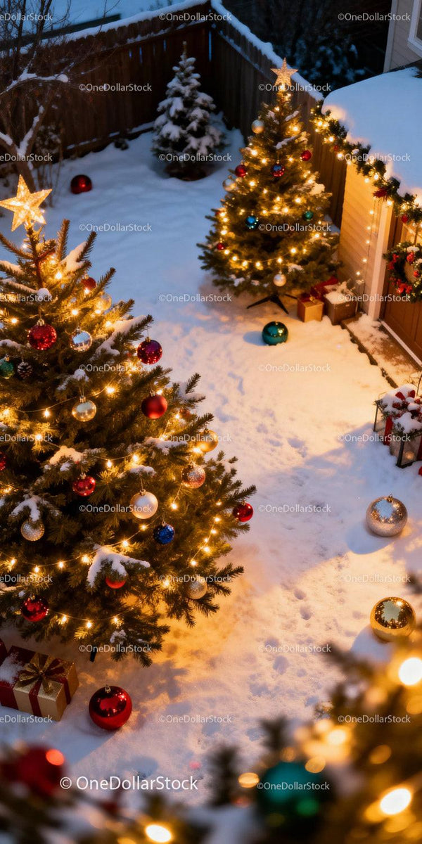 Outdoor Christmas Trees Decorated with Lights and Ornaments