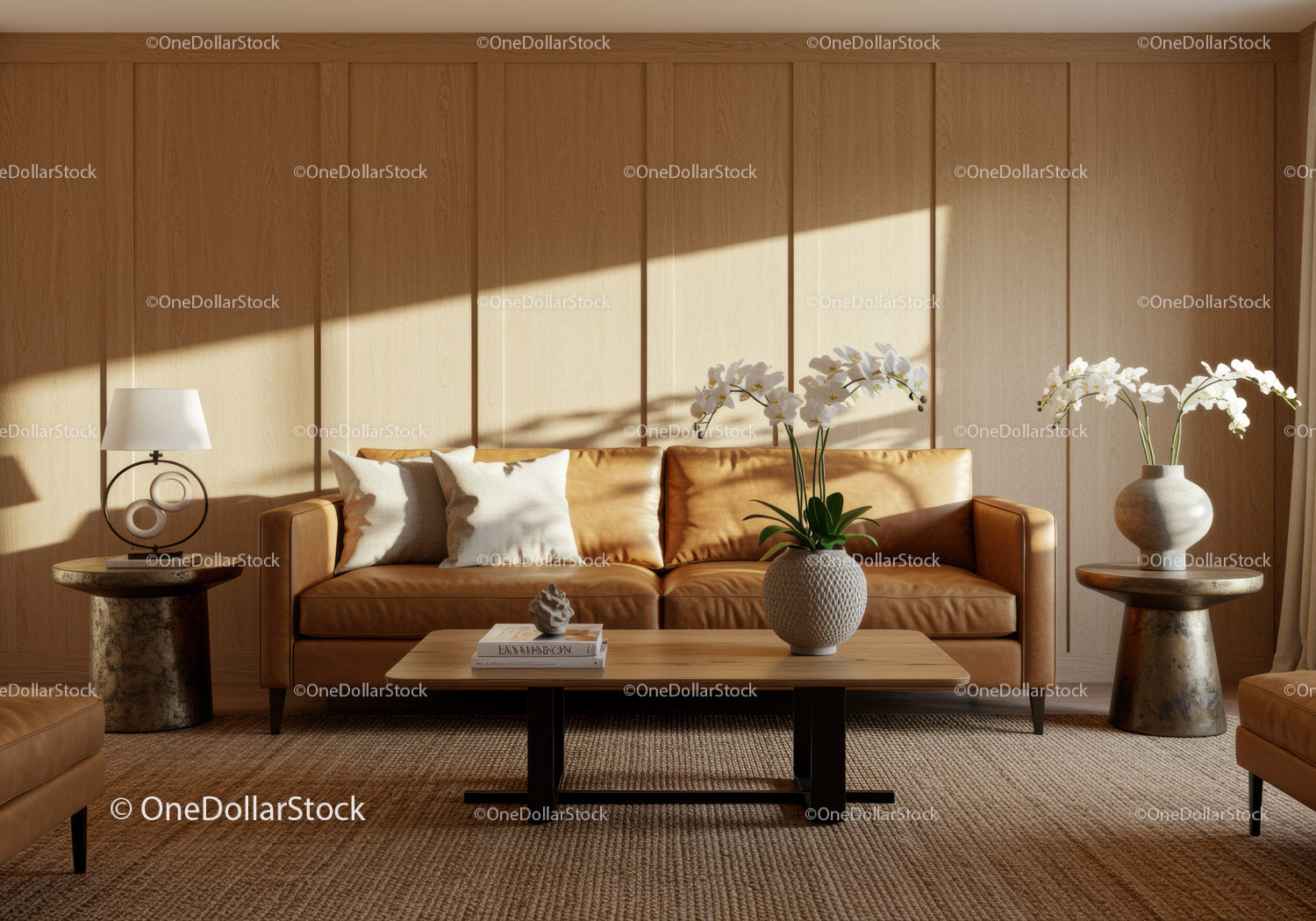 Cozy living room with leather sofa and orchid decor