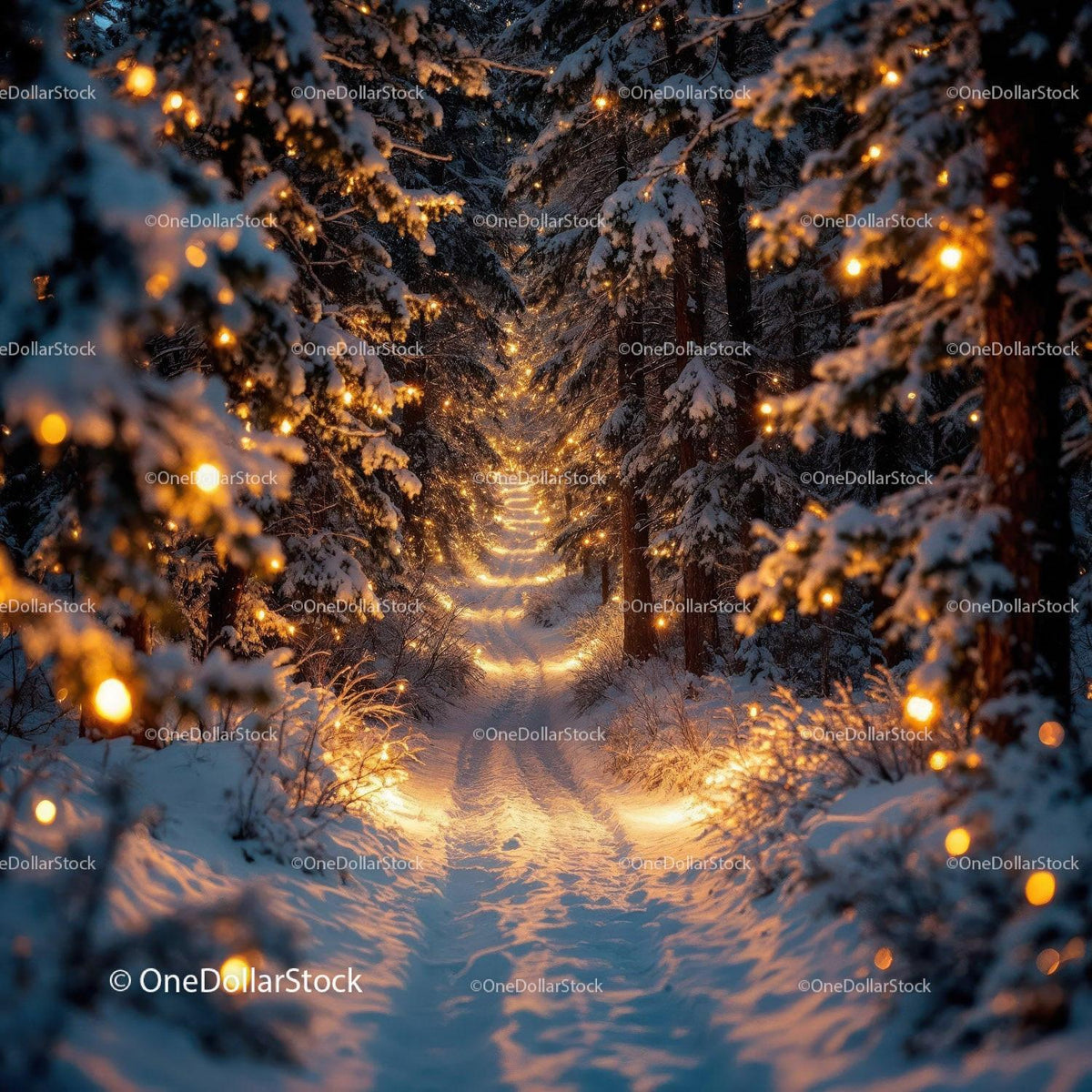 Snowy Forest Path Illuminated by Warm Fairy Lights