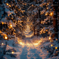 Snowy Forest Path Illuminated by Warm Fairy Lights