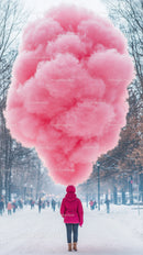 Woman in Pink Smoke Cloud Walking Through Snowy City Park