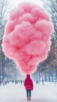 Woman in Pink Smoke Cloud Walking Through Snowy City Park
