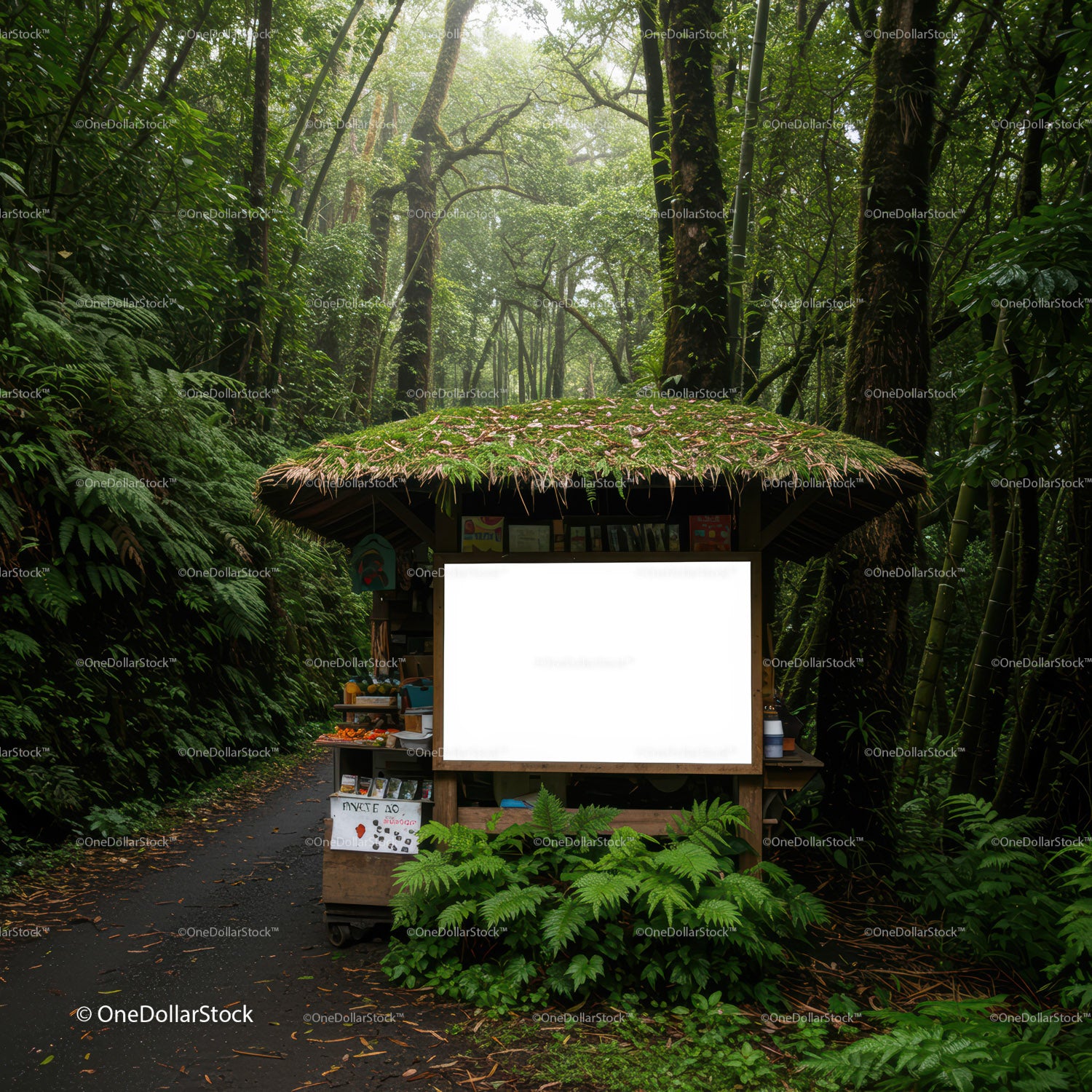 Rustic Forest Kiosk with Mossy Roof on Woodland Path