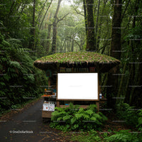 Rustic Forest Kiosk with Mossy Roof on Woodland Path