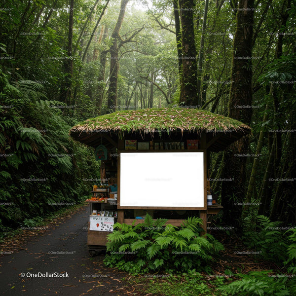 Rustic Forest Kiosk with Mossy Roof on Woodland Path JPG Mockup Image