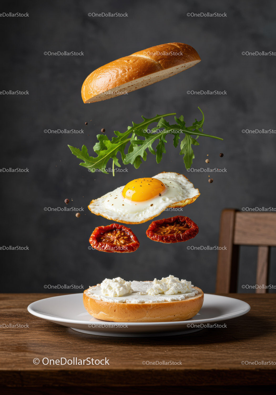 Flying sandwich ingredients with fried egg and arugula