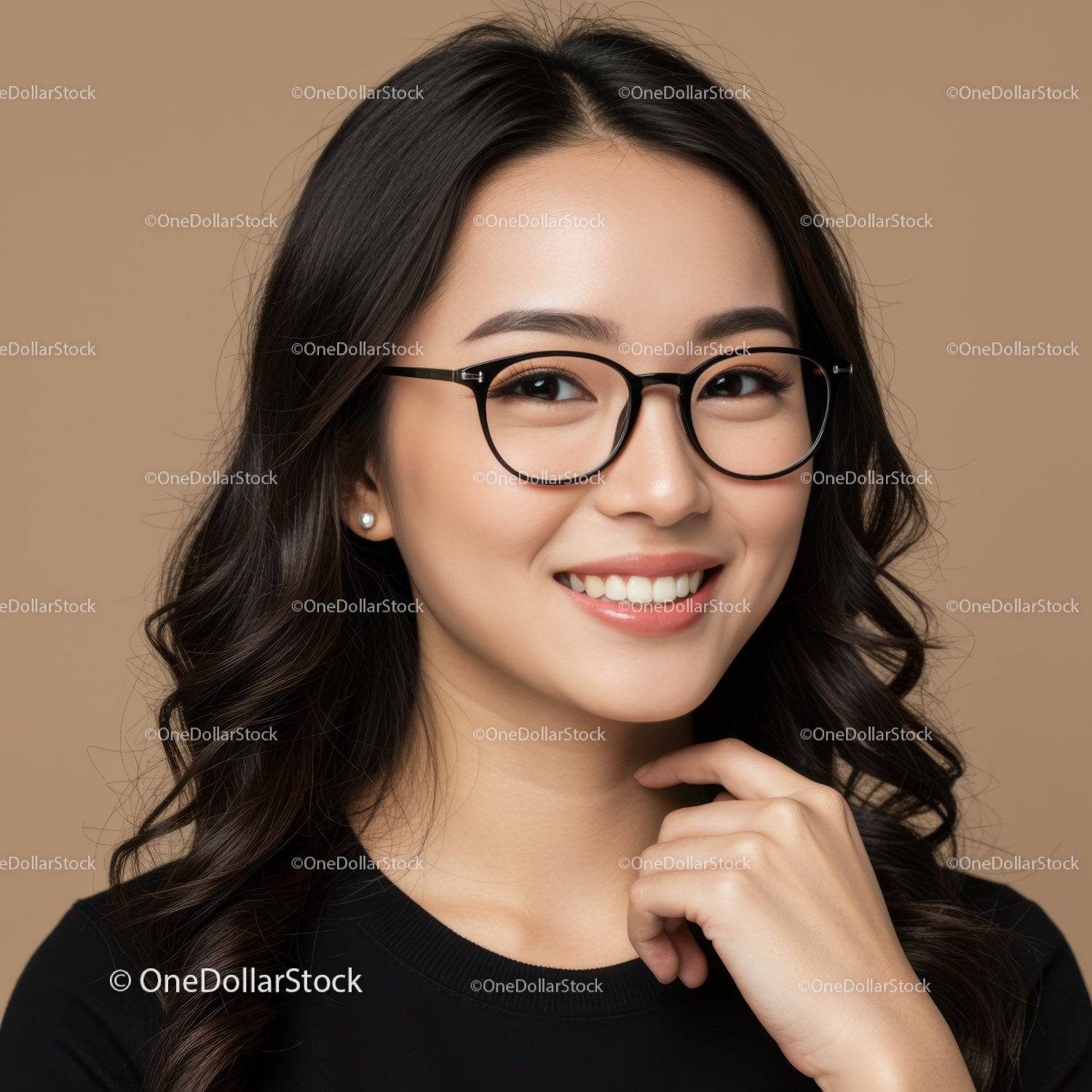 Elegant Woman with Black Glasses and Warm Smile in Studio