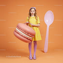 Little girl holding giant macaron bag with oversized spoon