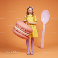 Little girl holding giant macaron bag with oversized spoon