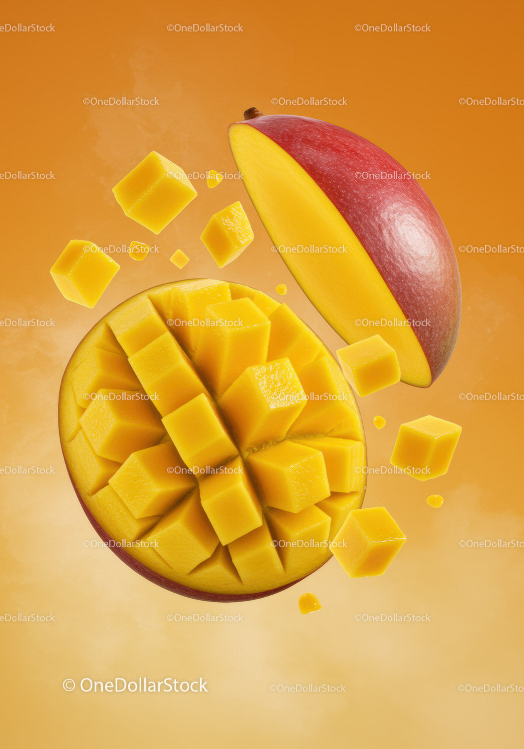 Fresh ripe mango cut into vibrant cubes with peel