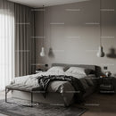 Modern Bedroom with Gray Upholstered Bed and Pendant Lighting