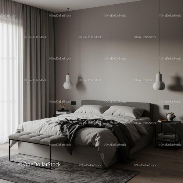 Modern Bedroom with Gray Upholstered Bed and Pendant Lighting