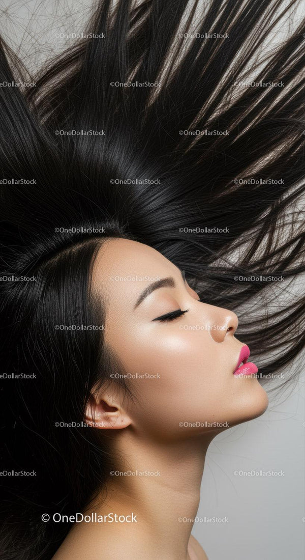 Profile of woman with flowing black hair and vibrant lips