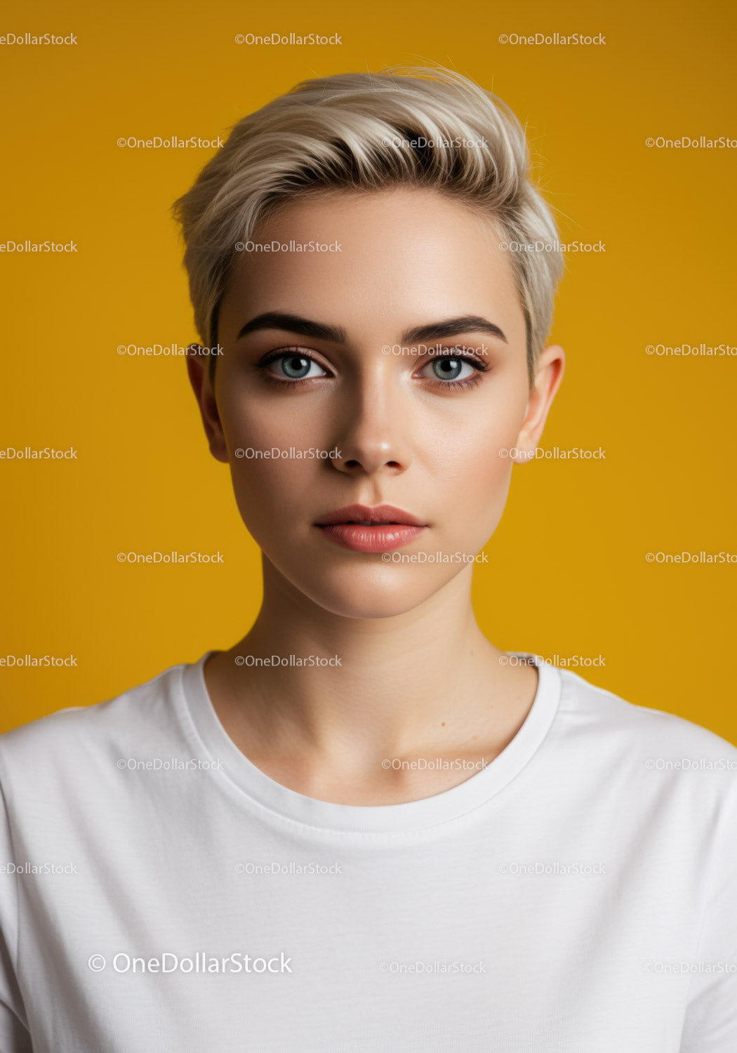Portrait of a Young Woman with Blonde Short Hair and Blue Eyes
