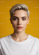 Portrait of a Young Woman with Blonde Short Hair and Blue Eyes