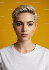 Portrait of a Young Woman with Blonde Short Hair and Blue Eyes