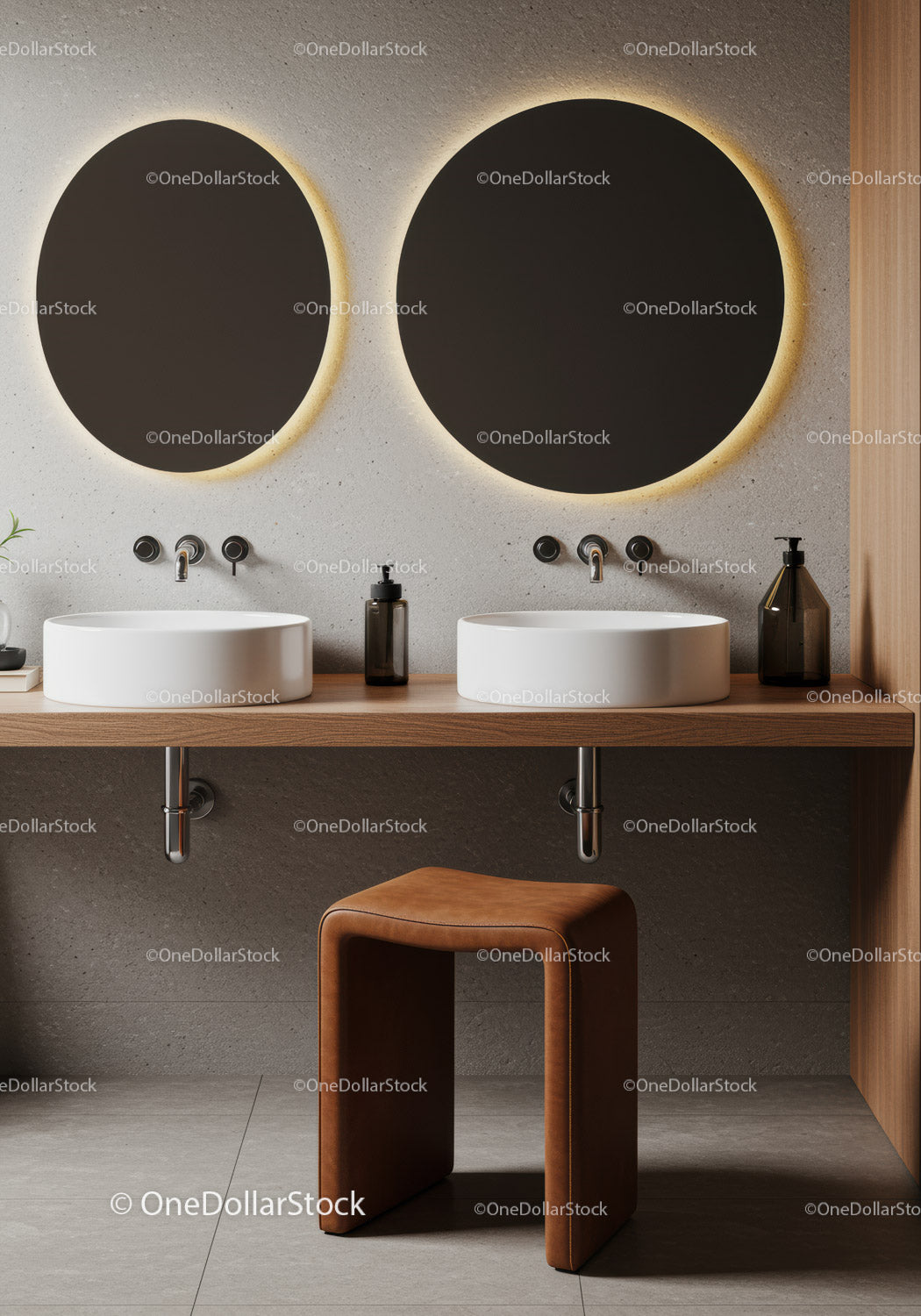 Modern Bathroom with Double Sinks and Rounded Backlit Mirrors