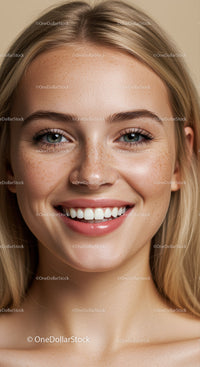 Smiling young woman with natural freckles and healthy skin