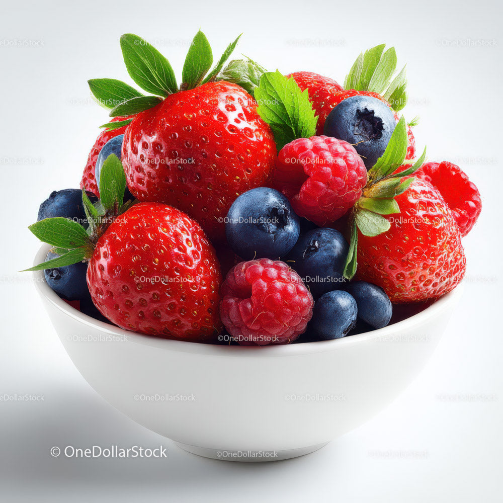 Fresh Mixed Berries in a White Bowl with Green Leaves