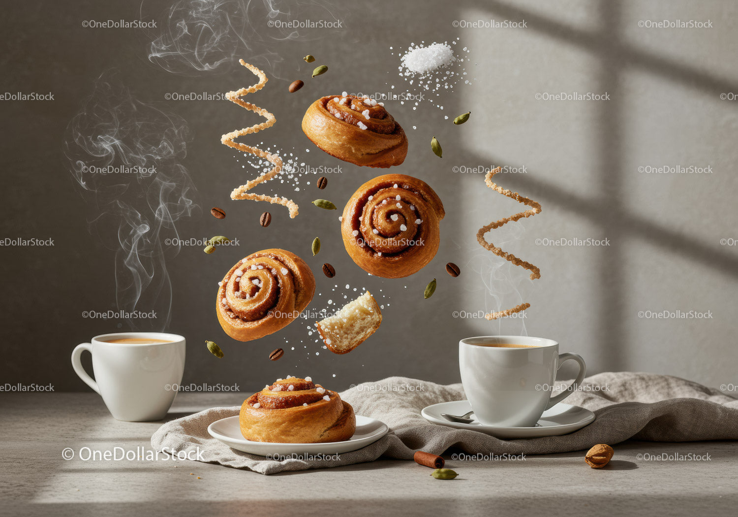 Fresh cinnamon rolls and coffee with spices in morning light