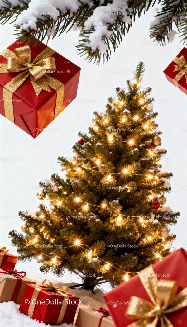 Festive Christmas tree with glowing lights and gifts