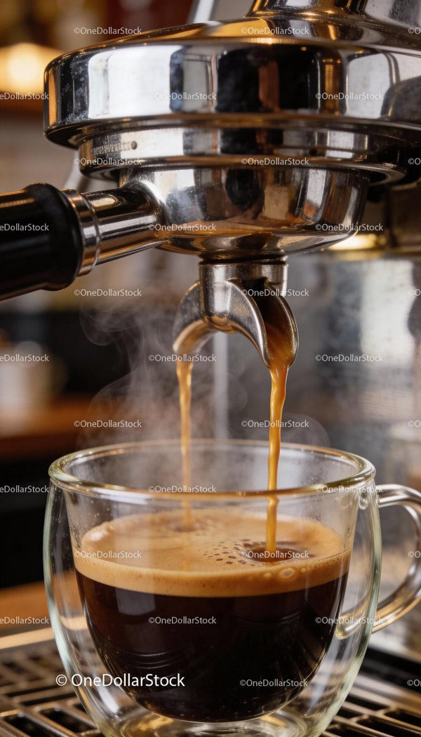 Freshly brewed espresso pouring into glass cup