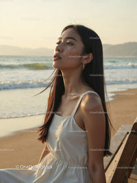 Elegant Woman in White Dress Sitting by Relaxing Seaside Landscape