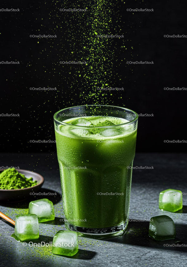 Refreshing iced matcha green tea with powder splash