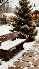 Snowy Bench by Festively Lit Christmas Tree Outdoors