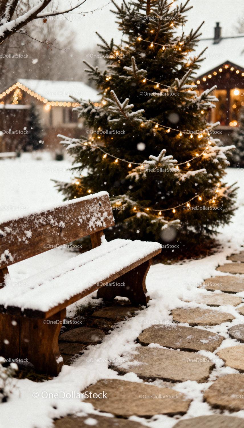 Snowy Bench by Festively Lit Christmas Tree Outdoors