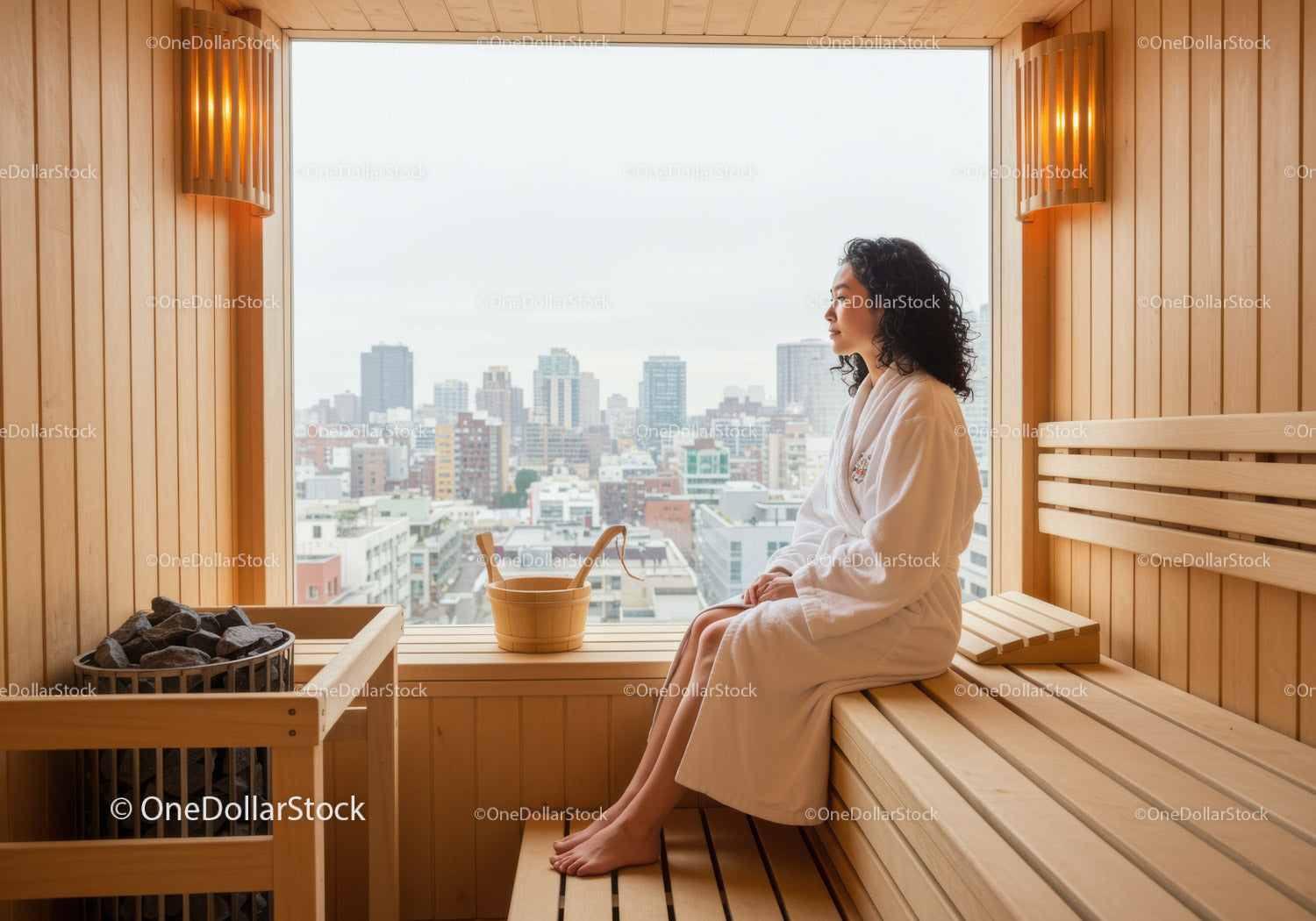 Relaxing Woman Sitting in Sauna with City Skyline View
