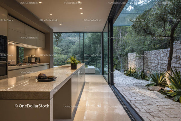Modern Kitchen with Large Glass Windows and Indoor Plants