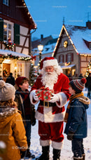 Santa Claus Giving Gift to Children in Festive Snowy Village