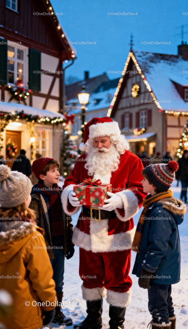 Santa Claus Giving Gift to Children in Festive Snowy Village