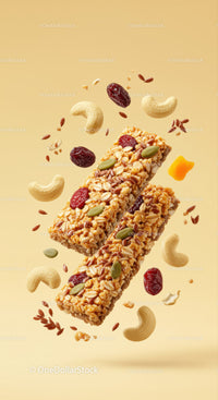 Nutty granola bars with seeds and dried fruits close up