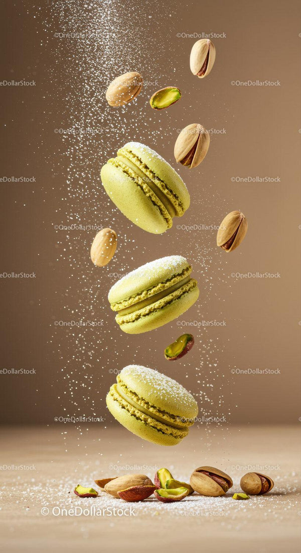 Green pistachio macarons with powdered sugar and nuts