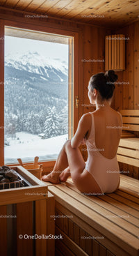 Woman Relaxing in Wooden Sauna with Mountain View During Winter