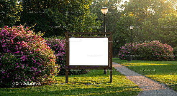 Wooden Information Board in Sunny Park with Flowering Shrubs JPG Mockup Image