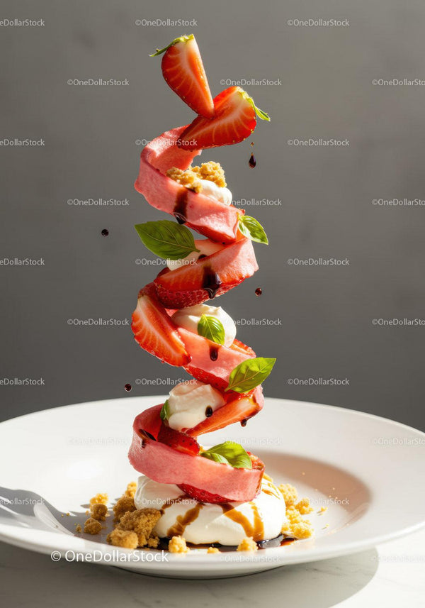 Elegant strawberry dessert with cream and basil garnish