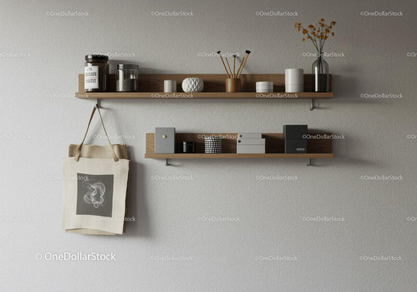 Minimalist Wood Wall Shelves with Decorative Items and Storage Boxes