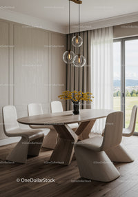 Contemporary dining room with wooden table and modern pendant lights