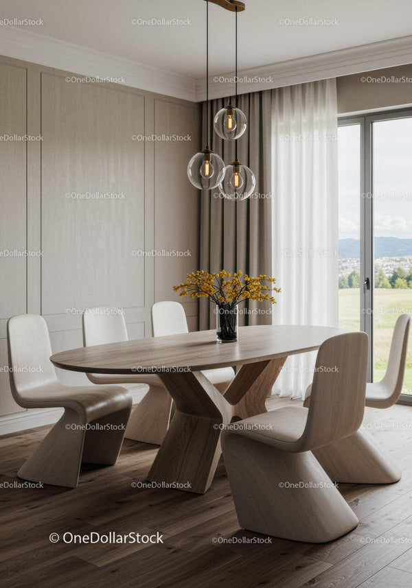 Contemporary dining room with wooden table and modern pendant lights