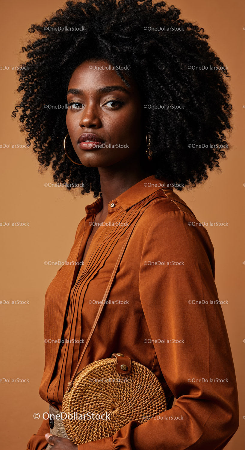 Elegancka Afroamerykanka w satynowej koszuli i wiklinowej torbie. Portret