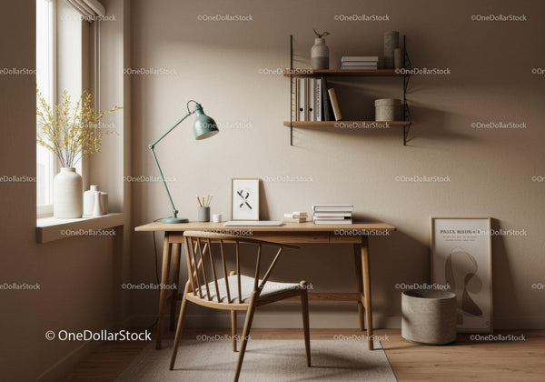 Minimalist wooden workspace with natural decor accents