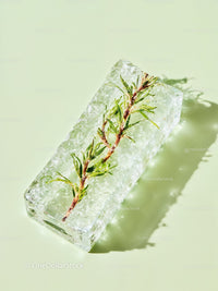 Green pine twig frozen in translucent ice block