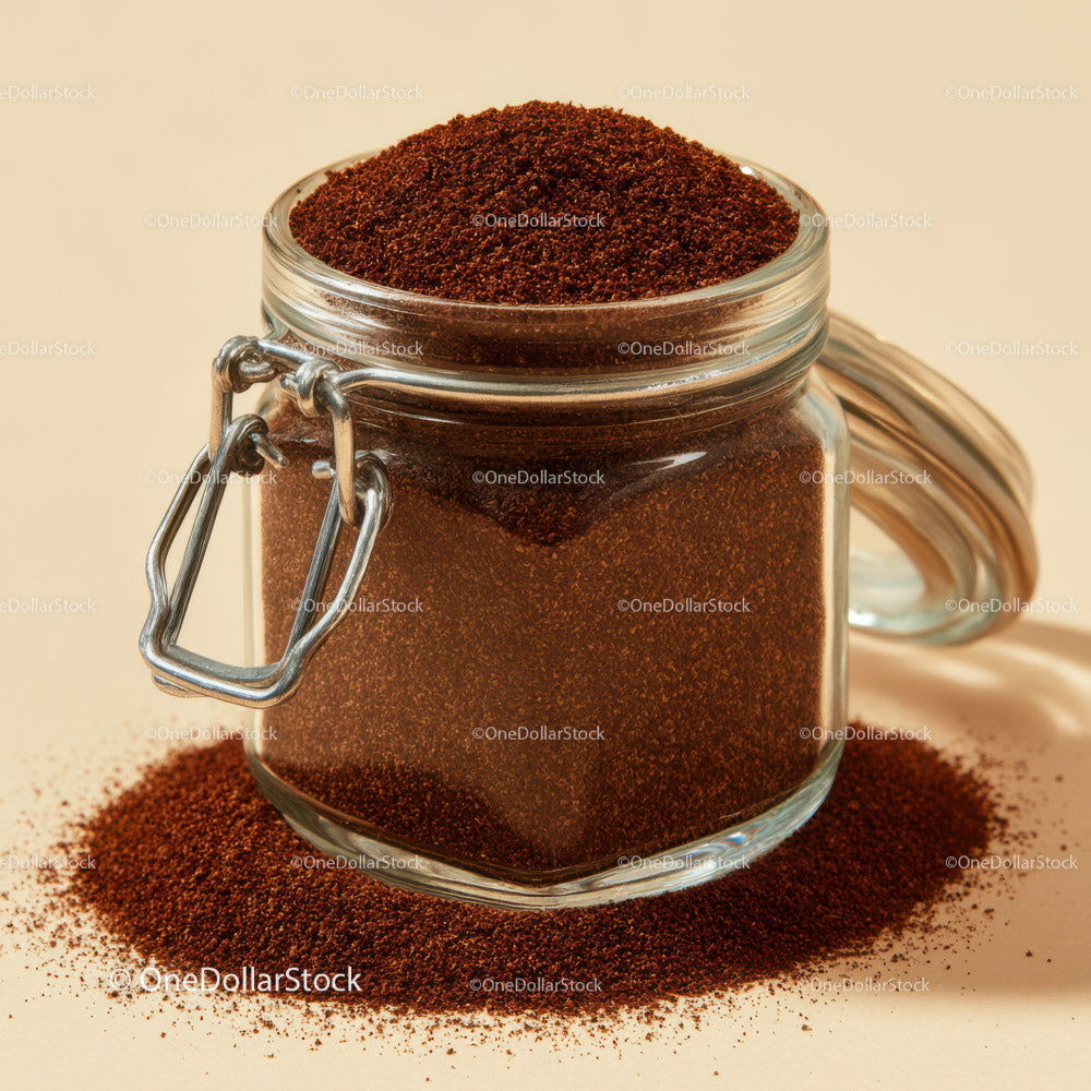 Glass Jar Filled with Fine Ground Coffee and Coffee Beans