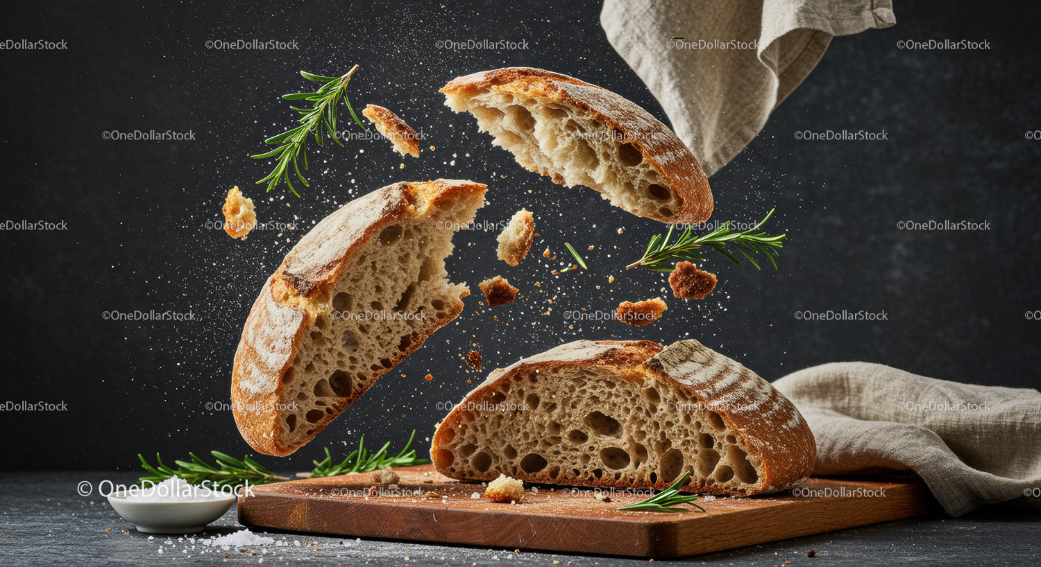 Rustic bread breaking apart with fresh rosemary herb
