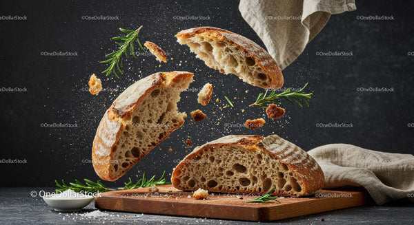 Rustic bread breaking apart with fresh rosemary herb