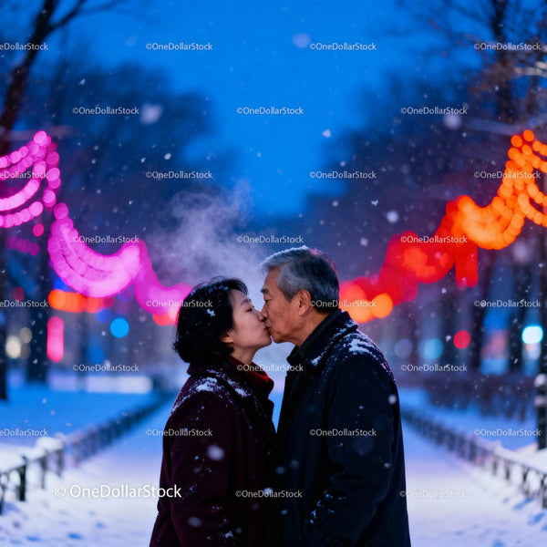 Elderly Couple Sharing a Kiss on Snowy Winter Evening